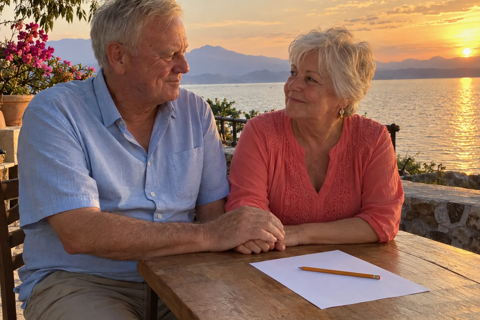 A retired couple at a table by Lake Chapala at sunset, a sheet of paper between them, his hand on hers