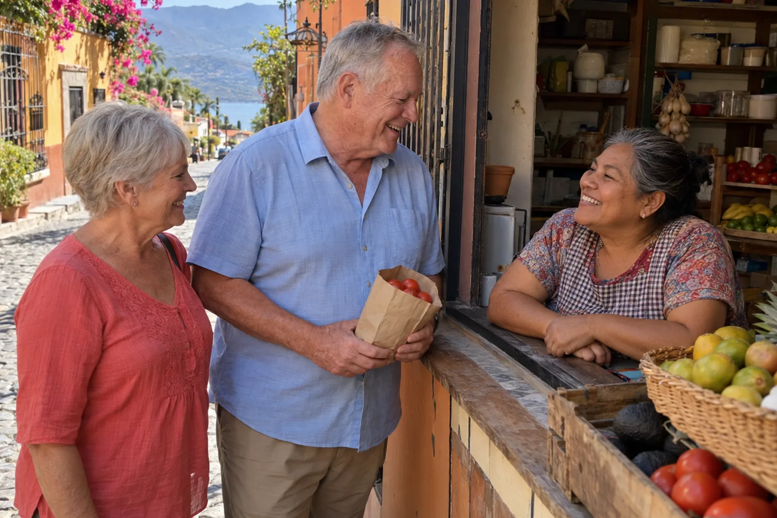 An American man laughing with the woman who runs the corner shop in Ajijic