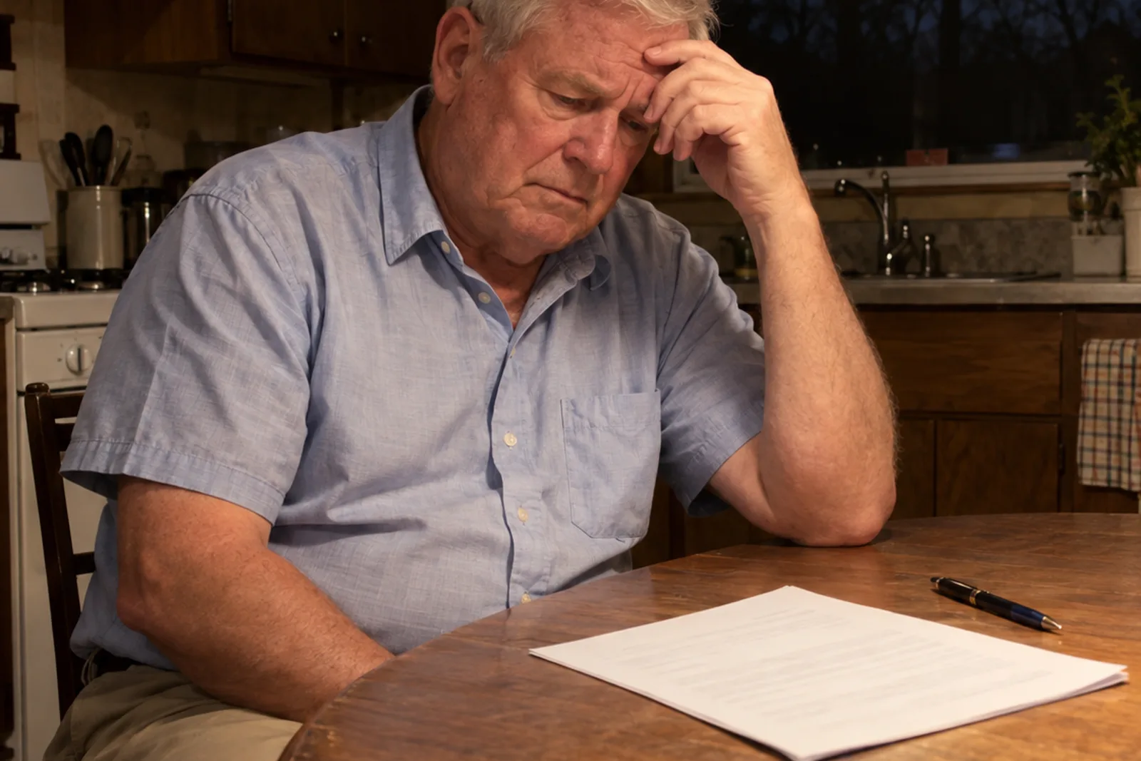 A man in his 60s alone at his kitchen table in Indiana at night, an unsigned listing agreement in front of him