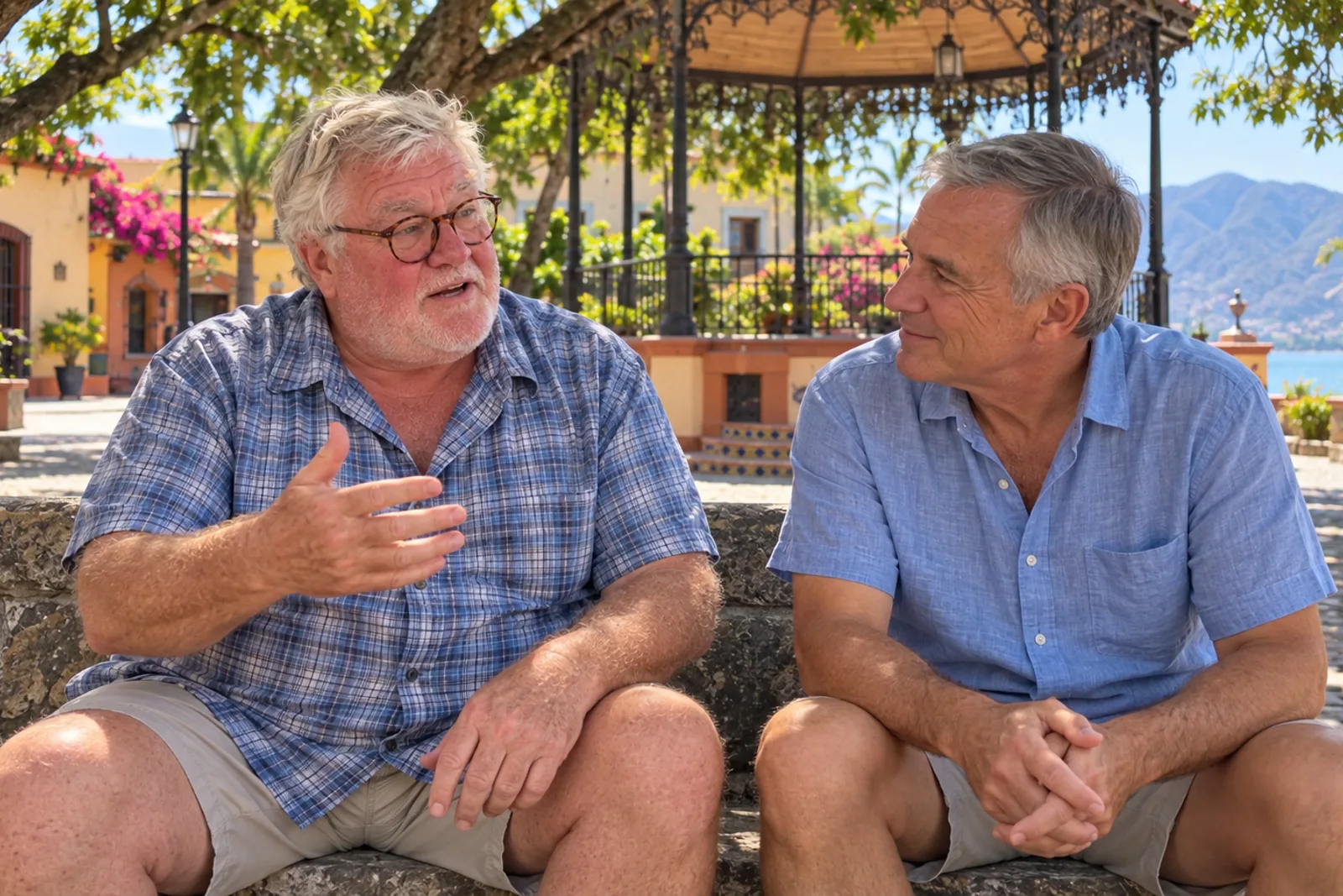 Carroll Kay talking with a newcomer on a bench in the Ajijic plaza