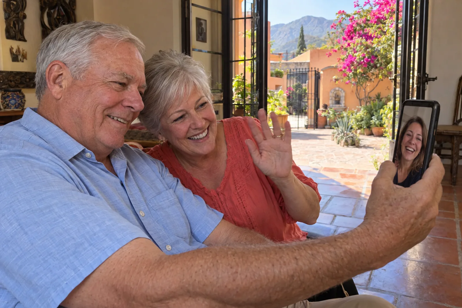 A retired couple in their rented casita on a video call with their daughter
